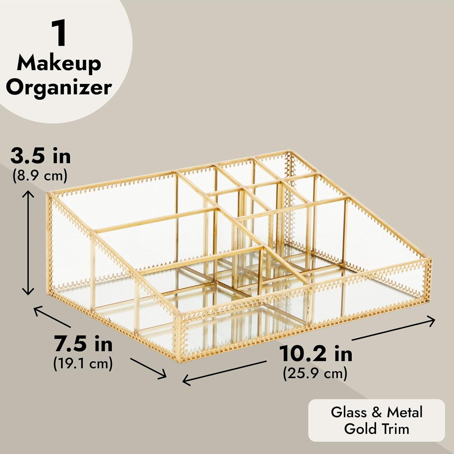 Glamlily Glass Makeup Organizer with Gold Trim, 10 Compartments (10.2 x 7.5 x 3.5 In)