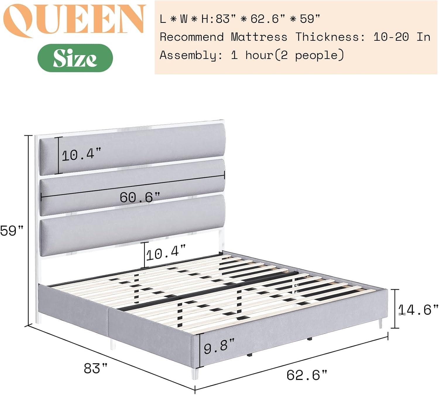 Queen Size Bed Frame with 59" Tall Headboard, Velvet Upholstered Platform Bed with Silver Mirrored Trim/No Box Spring Needed/Light Grey