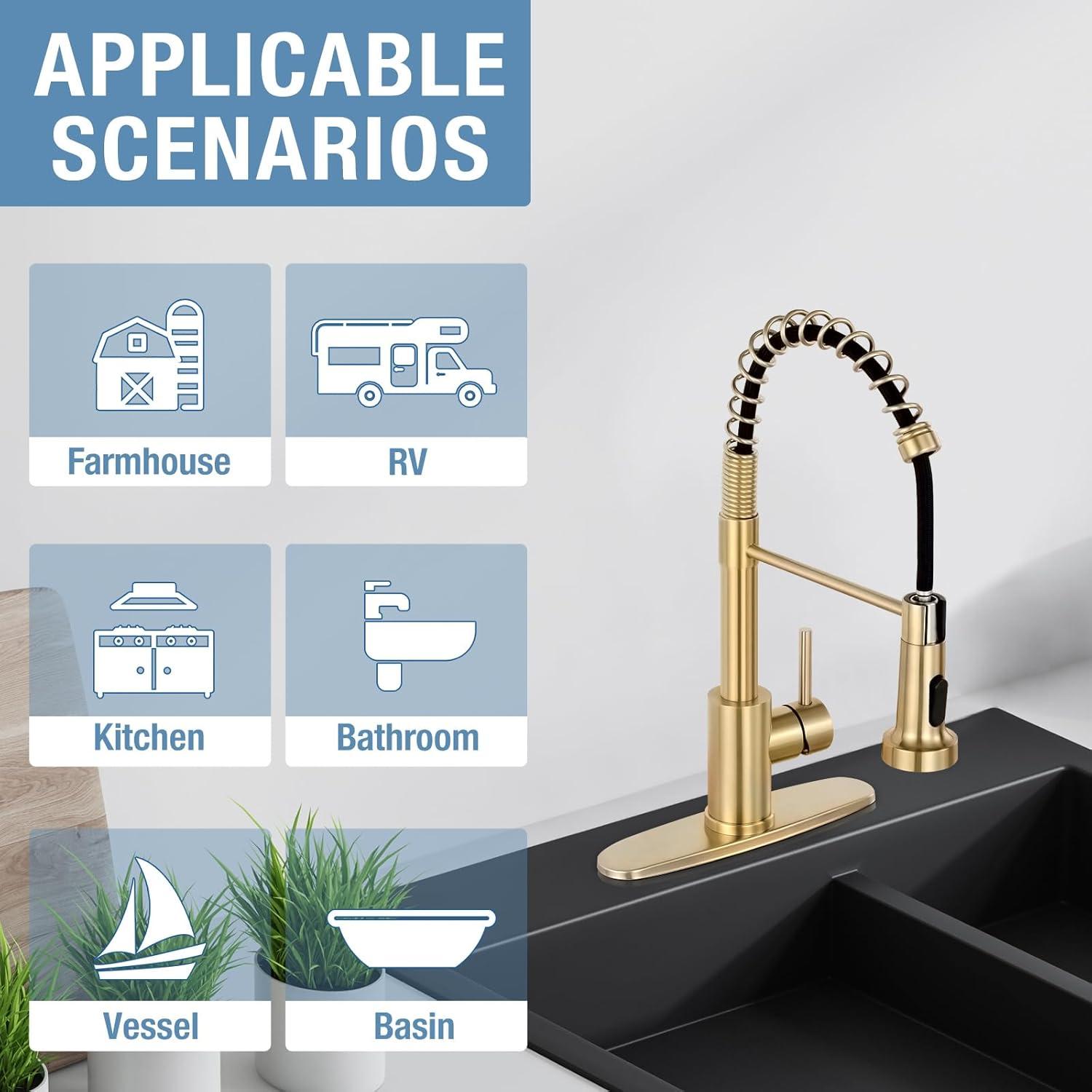 Brushed Gold Stainless Steel Pull Down Kitchen Faucet with Deck Plate