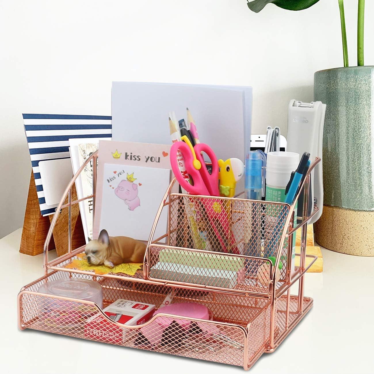 Rose Gold Mesh Desk Organizer with 6 Compartments and Drawer