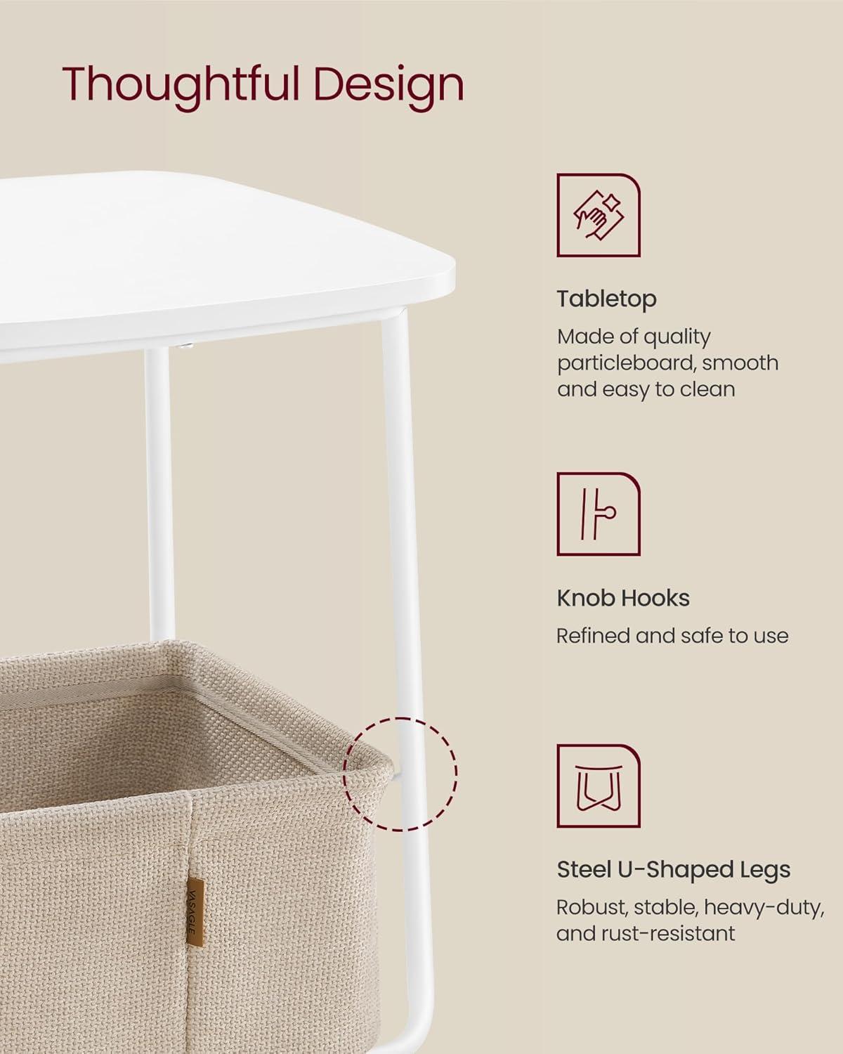 Side Fabric Basket Modern Nightstand, Square Bedside Table, for Living Room, Bedroom, Matte White + Camel Brown