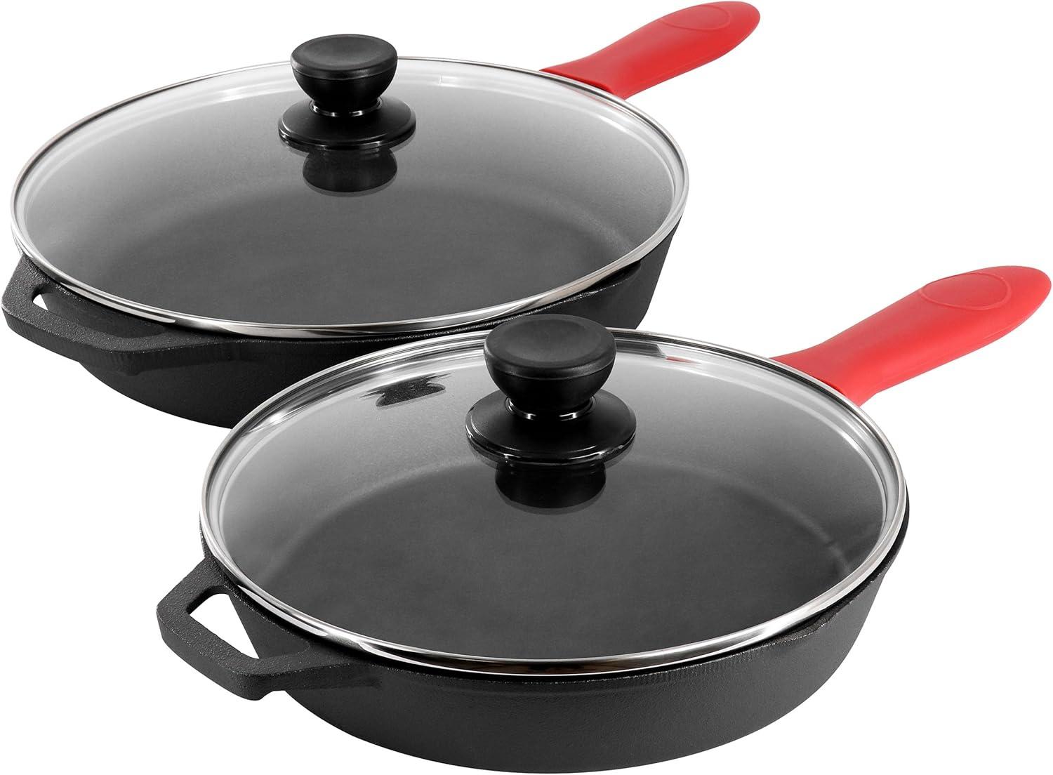 MegaChef 14 Piece Cast Iron Skillet Set with Tempered Glass Lids & Silicone Holders