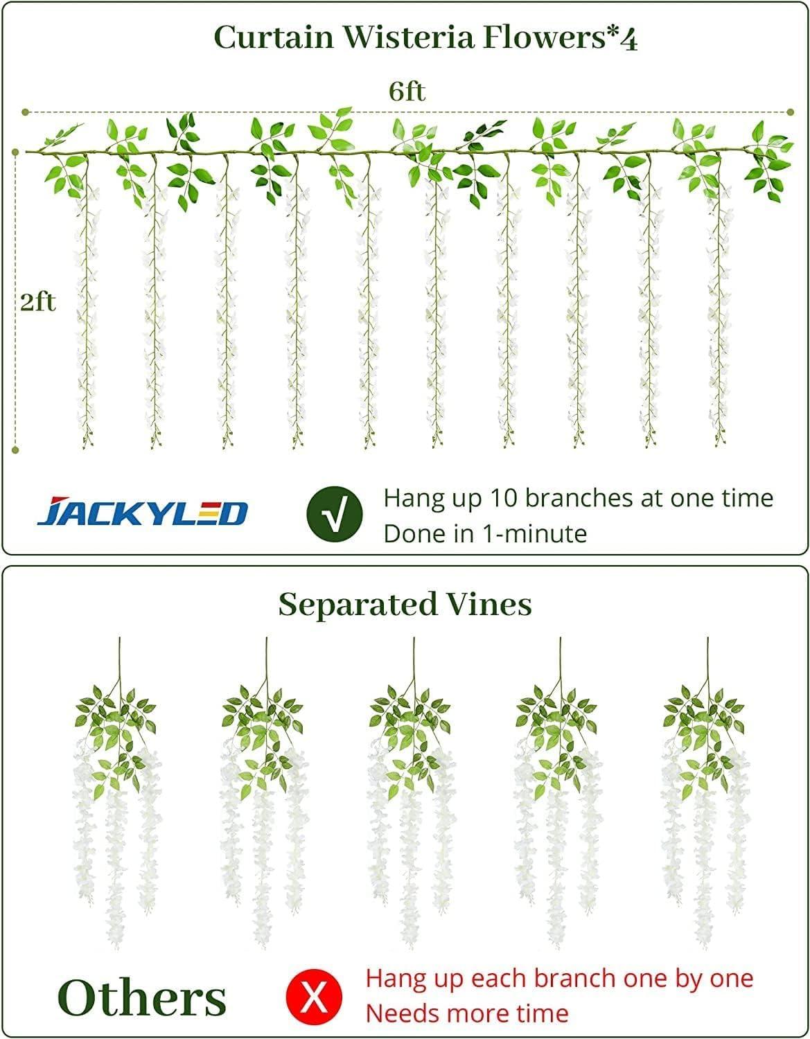 JACKYLED 40 Branches Wisteria Hanging Flowers 6 Feet Artificial White Vine Silk Wisteria Flowers Garland for Wedding Arch Party Garden Home Decor (4 Packs)