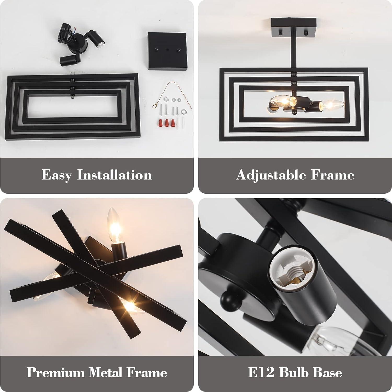 Black Semi Flush Mount Ceiling Light Fixture, 3-Light Modern Farmhouse Ceiling Light, Industrial Metal Chandelier Ceiling Lamp for Kitchen Entryway Bedroom Foyer Hallway, E26 Socket