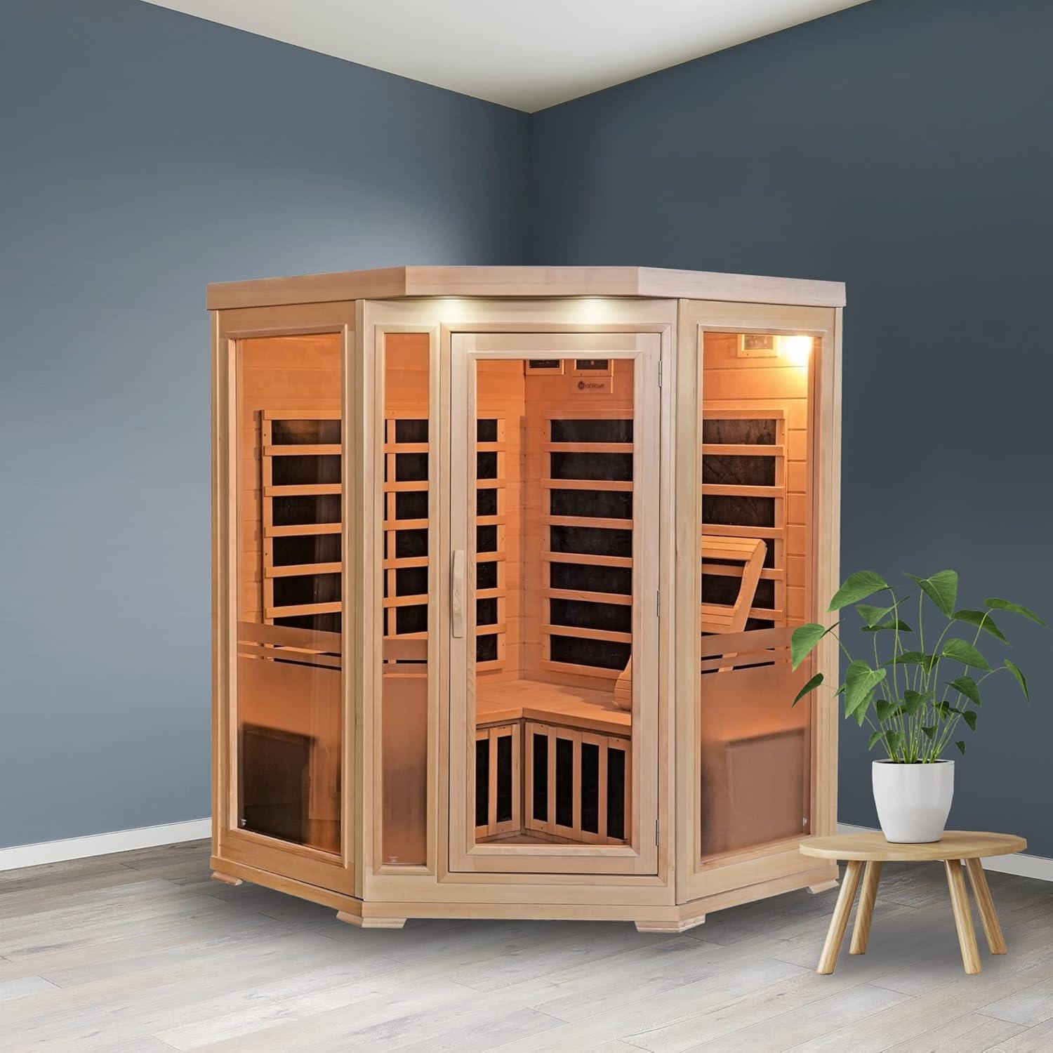 Bluewave Sonoma 3-Person Hemlock Infrared Corner Sauna with 7 Carbon Heaters