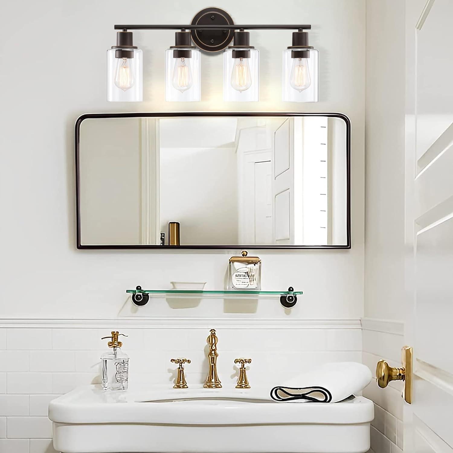 Oil Rubbed Bronze 4-Light Bathroom Vanity Fixture with Clear Glass Shades