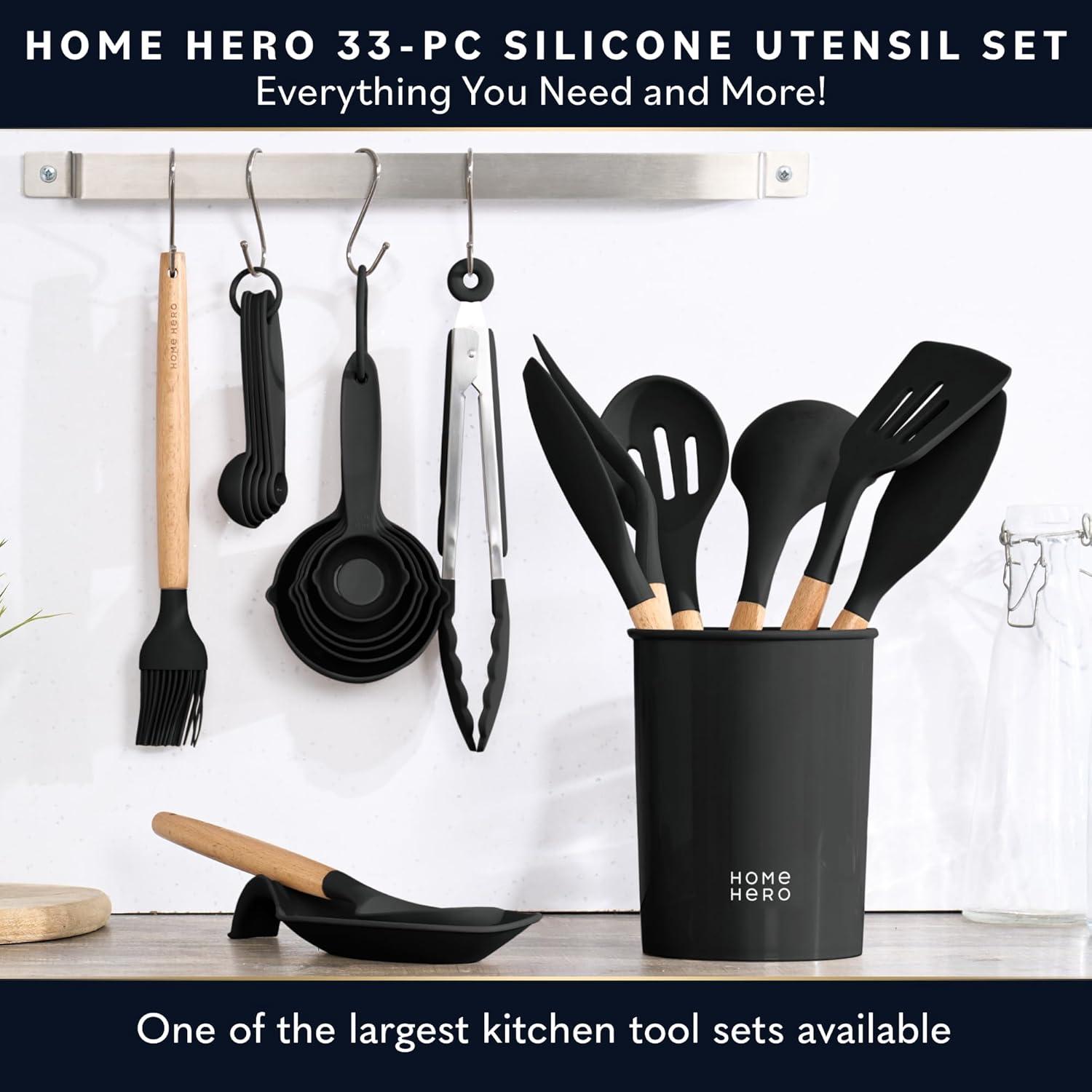 Home Hero - Kitchen Utensils Set - Cooking Utensils Set - Kitchen Gadgets & Kitchen Gifts - 33 Pieces, Silicone, Black