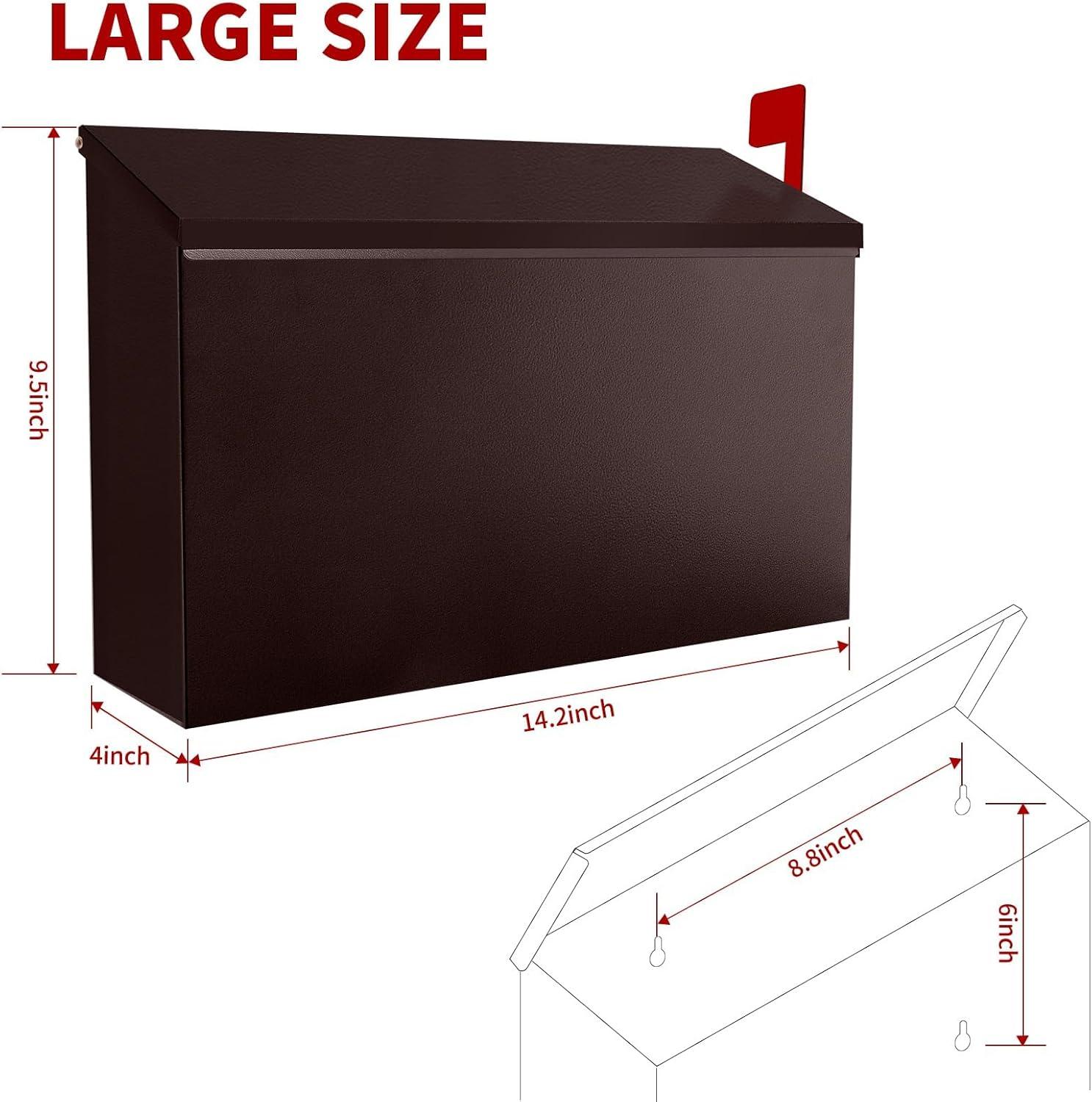 Wall-Mount Mailbox with Flag Metal Mail Box for Outside Large Capacity Rust-Proof Post Box for House Use, 14.2” x 4” x 9.5”, Black