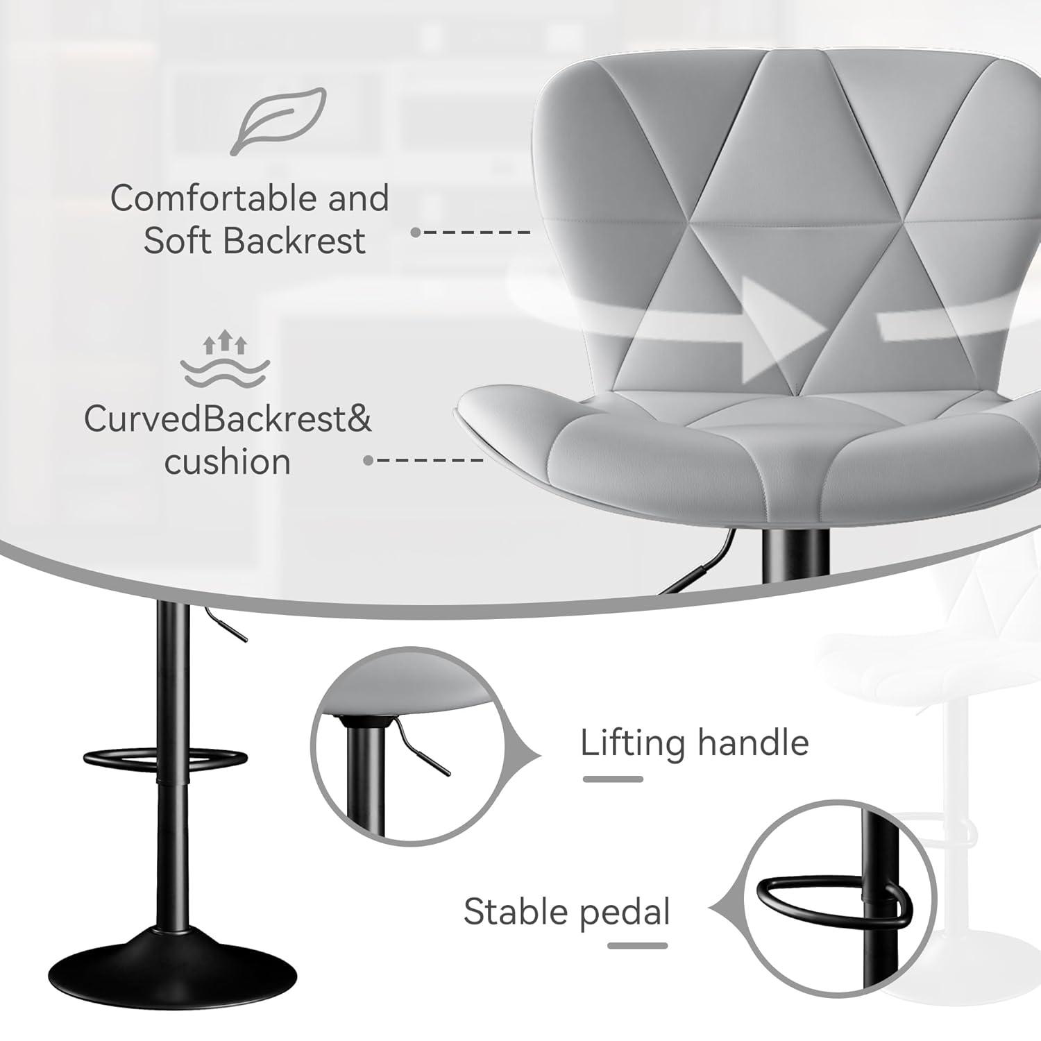 Modern Bar Stool Set of 2, Adjustable Faux Leather Upholstered Swivel Counter Stools, Counter Height Barstools with Back for Kitchen Island, Light Grey