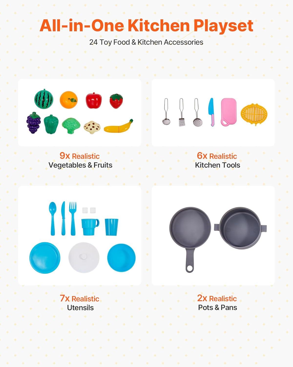 VEVOR Play Kitchen for Kids, Wooden Toy Kitchen Set with Lights and Sounds, Toddler Kitchen with Ice Maker, Oven, Sink, Microwaves, Fridge and Utensil and Fruit Accessory for Toddlers ages 3-8, Pink