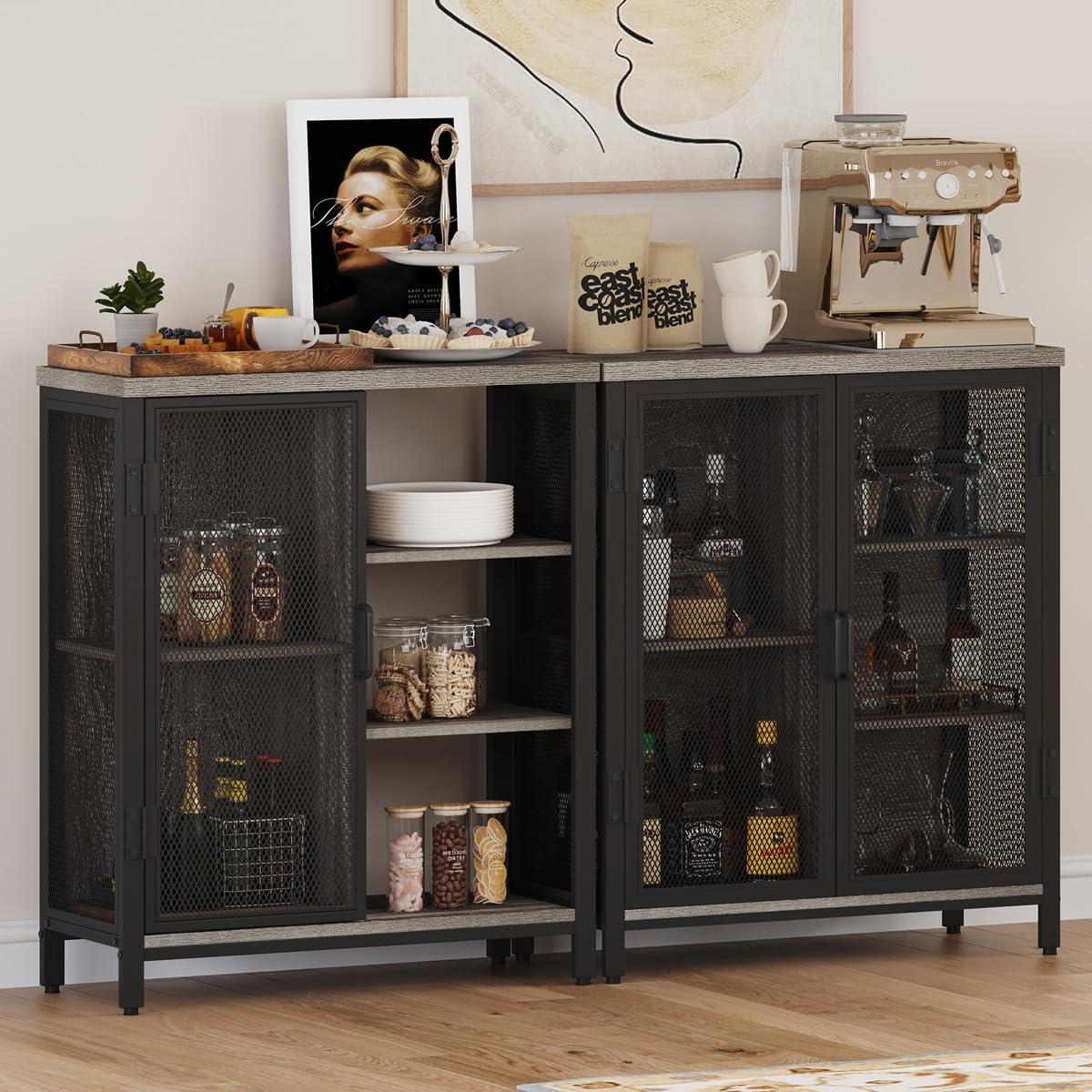 BON AUGURE Liquor Cabinet Bar for Home, Farmhouse Coffee Storage Cabinet for Kitchen, Small Wood Sideboard Buffet Station Cabinets with Door (Dark Grey Oak, 36")