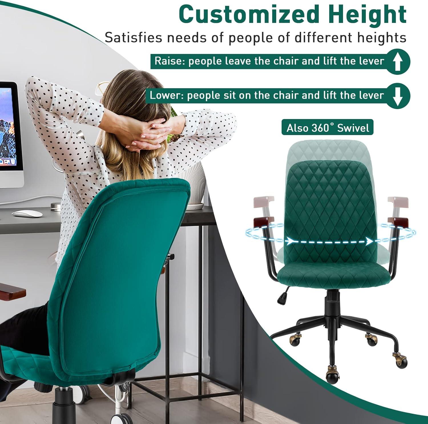 Costway Velvet Home Office Chair Swivel Adjustable Task Chair w/ Wooden Armrest