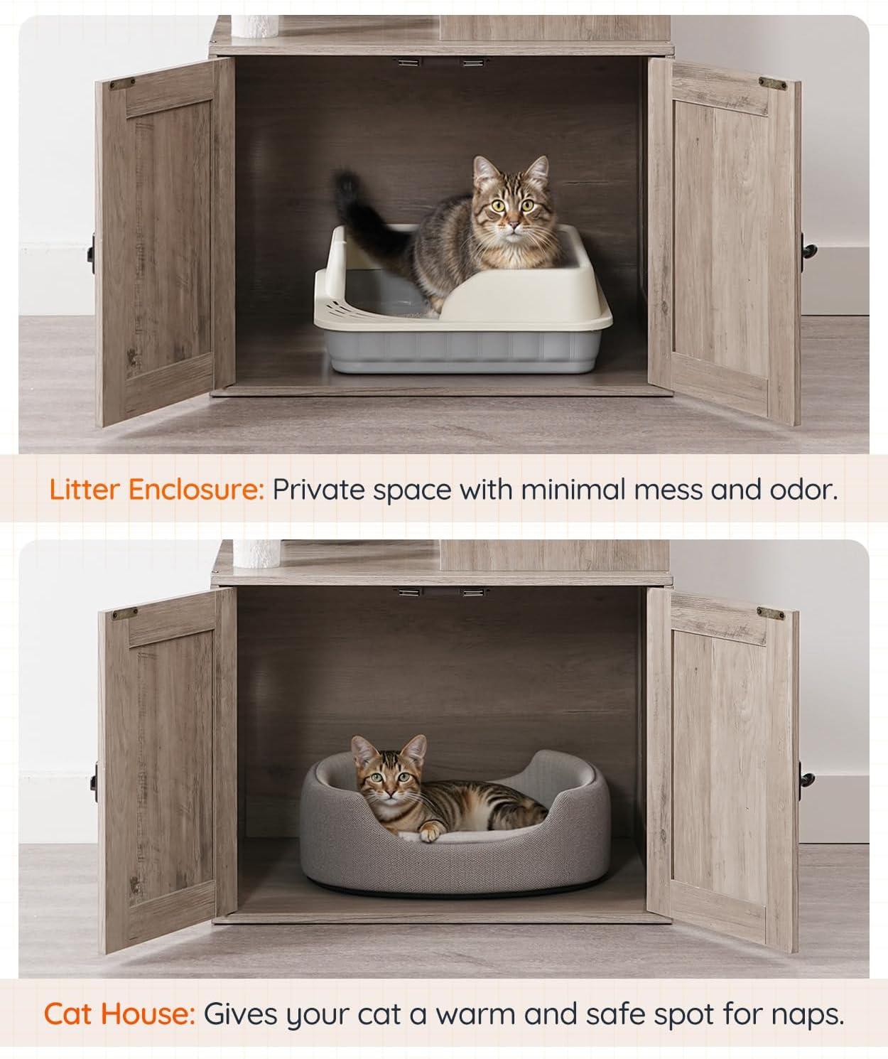 Litter Box Enclosure with Cat Tree, 2-in-1 Cat Tree Tower, Hidden Cat Litter Box Furniture with Scratching Post, Modern Cat Condo, Grey