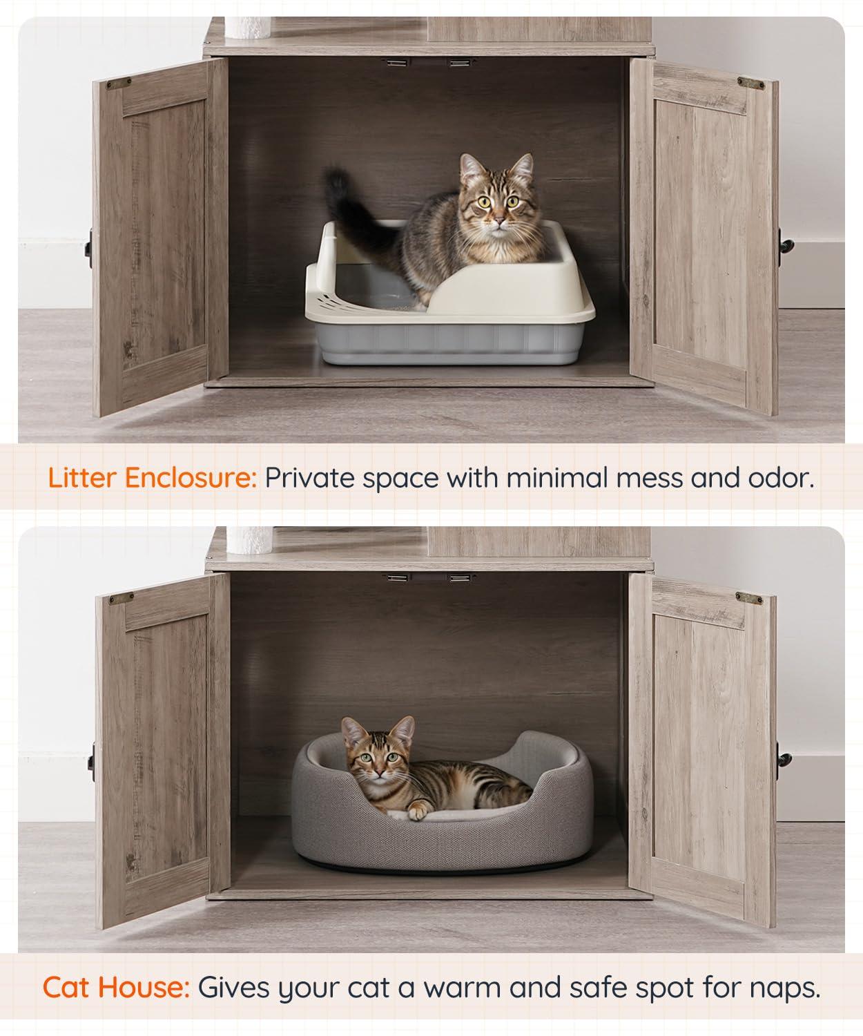 Litter Box Enclosure with Cat Tree, 2-in-1 Cat Tree Tower, Hidden Cat Litter Box Furniture with Scratching Post, Modern Cat Condo, Grey