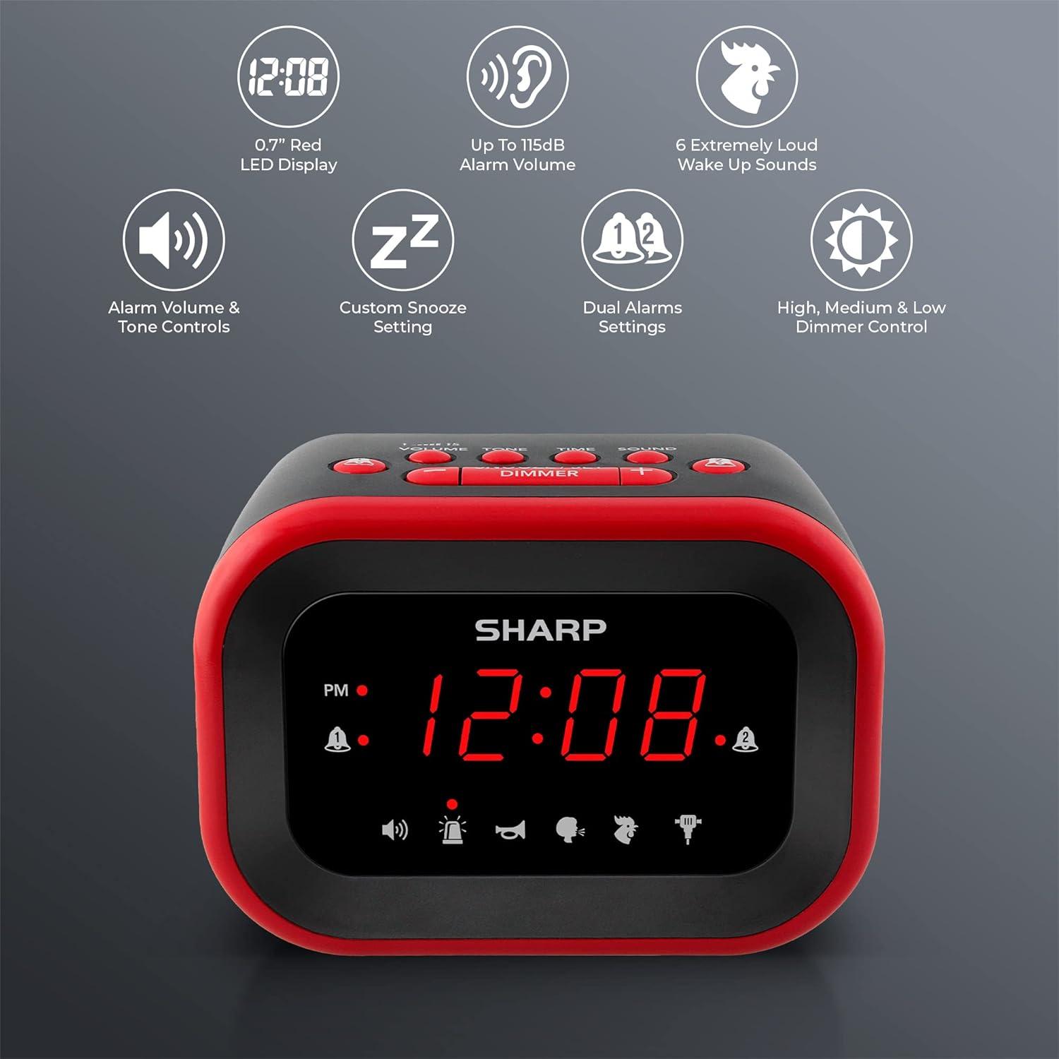 Sharp Super Loud Alarm Clock for Heavy Sleepers, 6 Extremely Loud Wake Up Sounds - up to 115db Volume