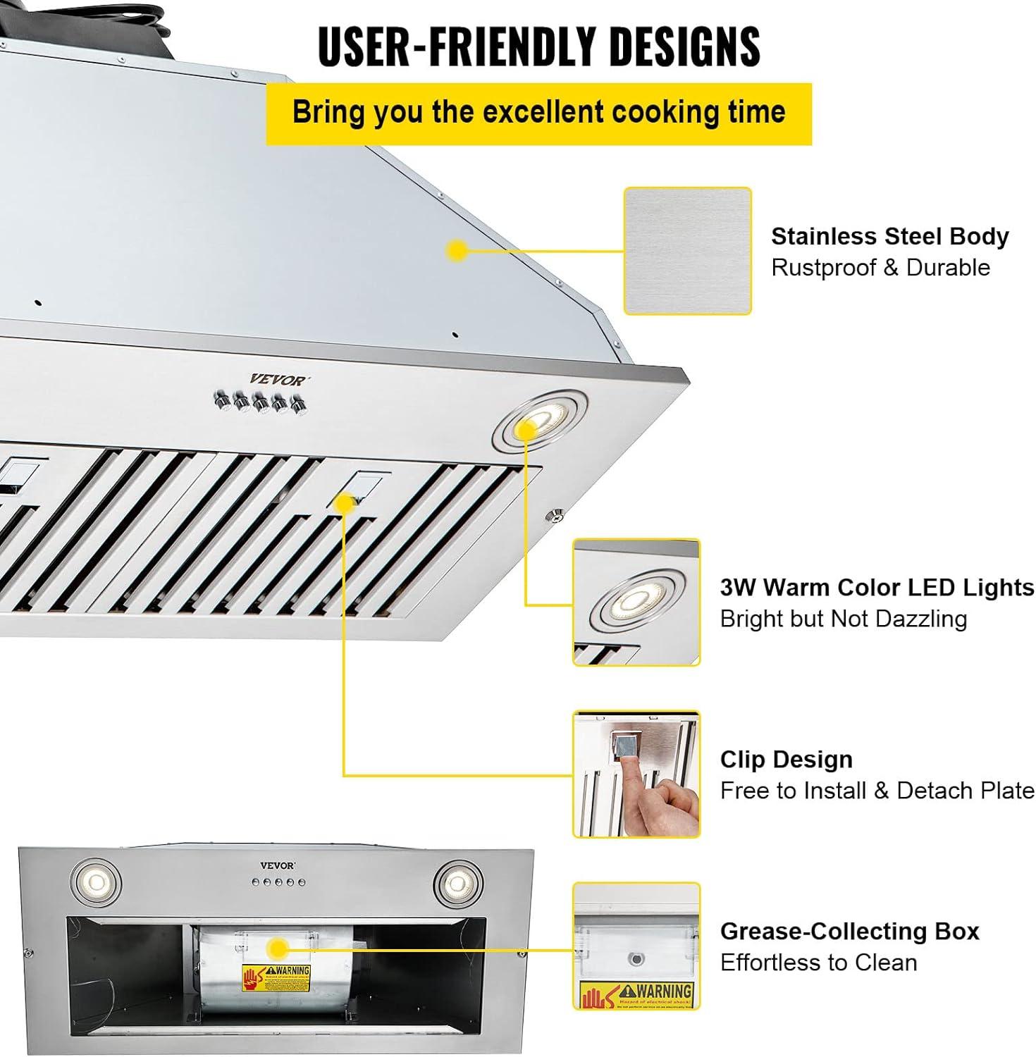 VEVOR 900-CFM 4-Speed 30-inch Ducted Insert Range Hood with Charcoal Filter and Light Included