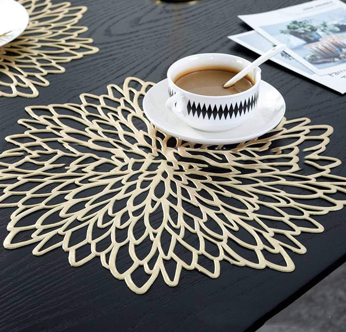 Liagile 12 PCS Flower Placemats Vinyl Hollow Placemat Round Dining Mat Decorative Table Mats Non-Slip Heat Insulation Gold Philopack