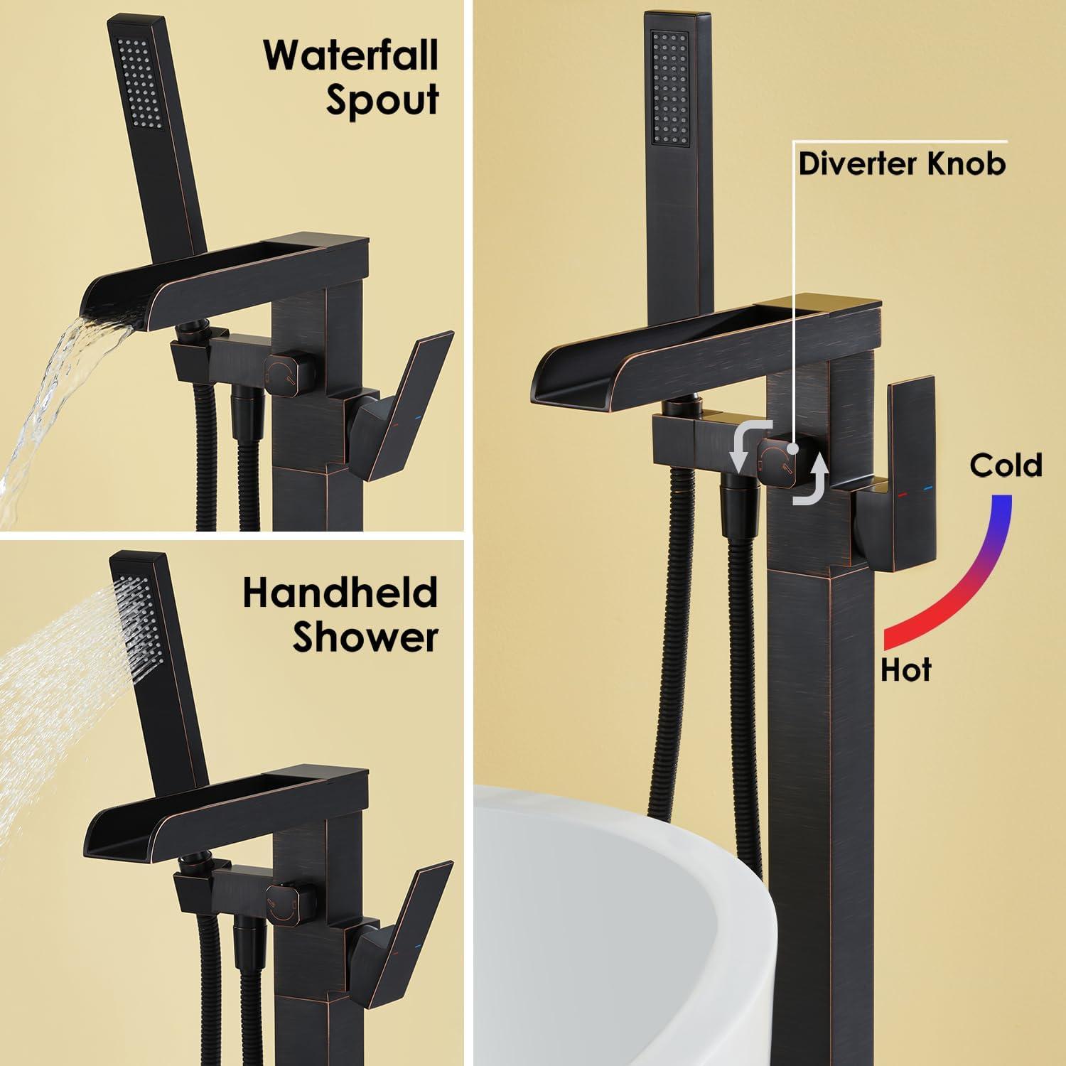 Single-Handle Floor Mount Freestanding Tub Faucet Waterfall Tub Filler with Handheld Shower in Oil Rubbed Bronze
