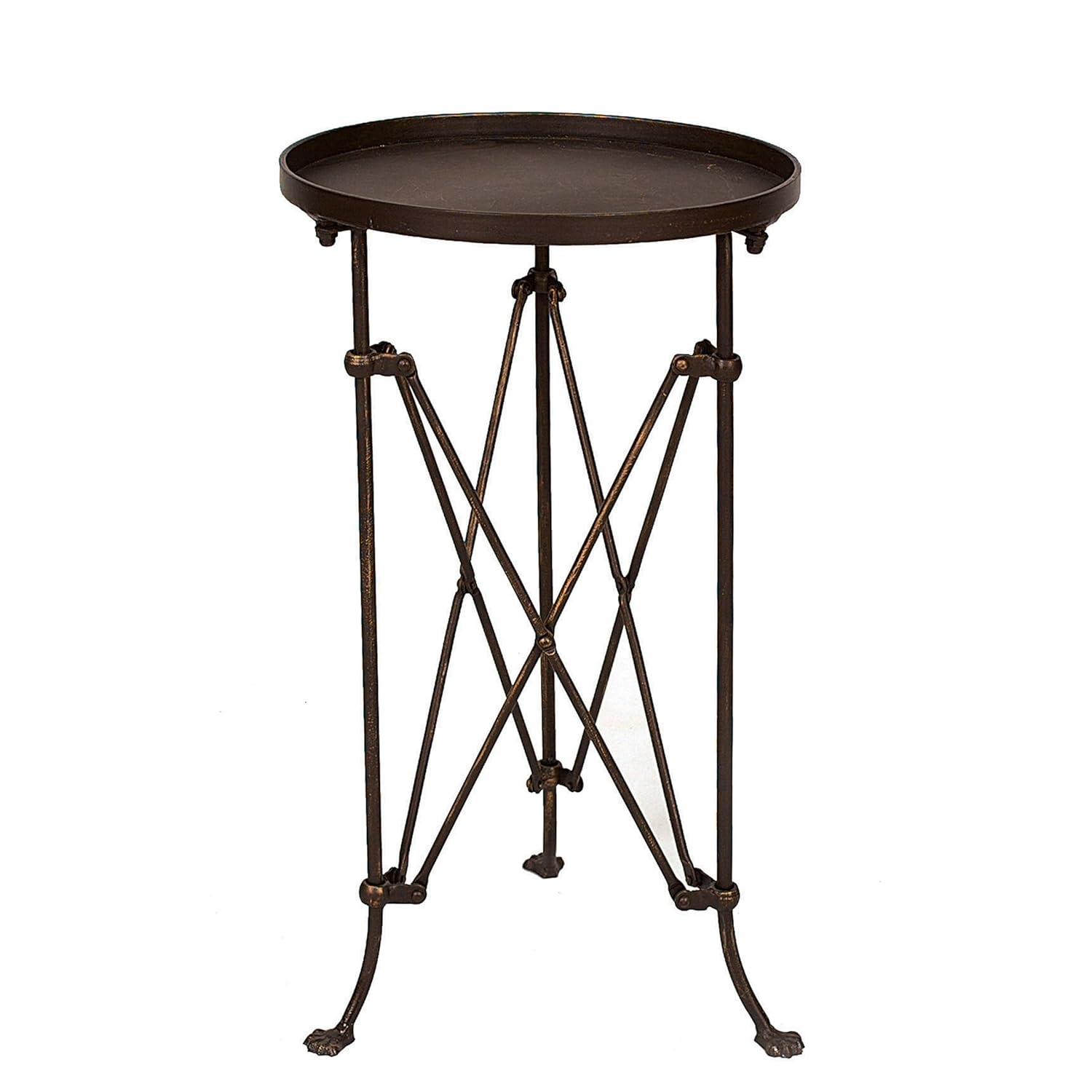 Storied Home Metal Tray Table Bronze: Round Pine Top, 25.5" High, Assembly Required