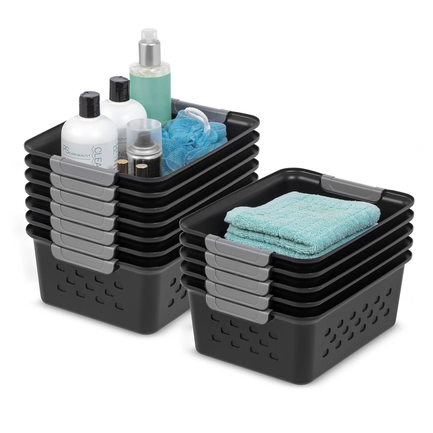 IRIS USA Small Plastic Storage Basket, 12-Pack, Shelf Basket Organizer for Pantries Kitchens Cabinets Bedrooms, Black