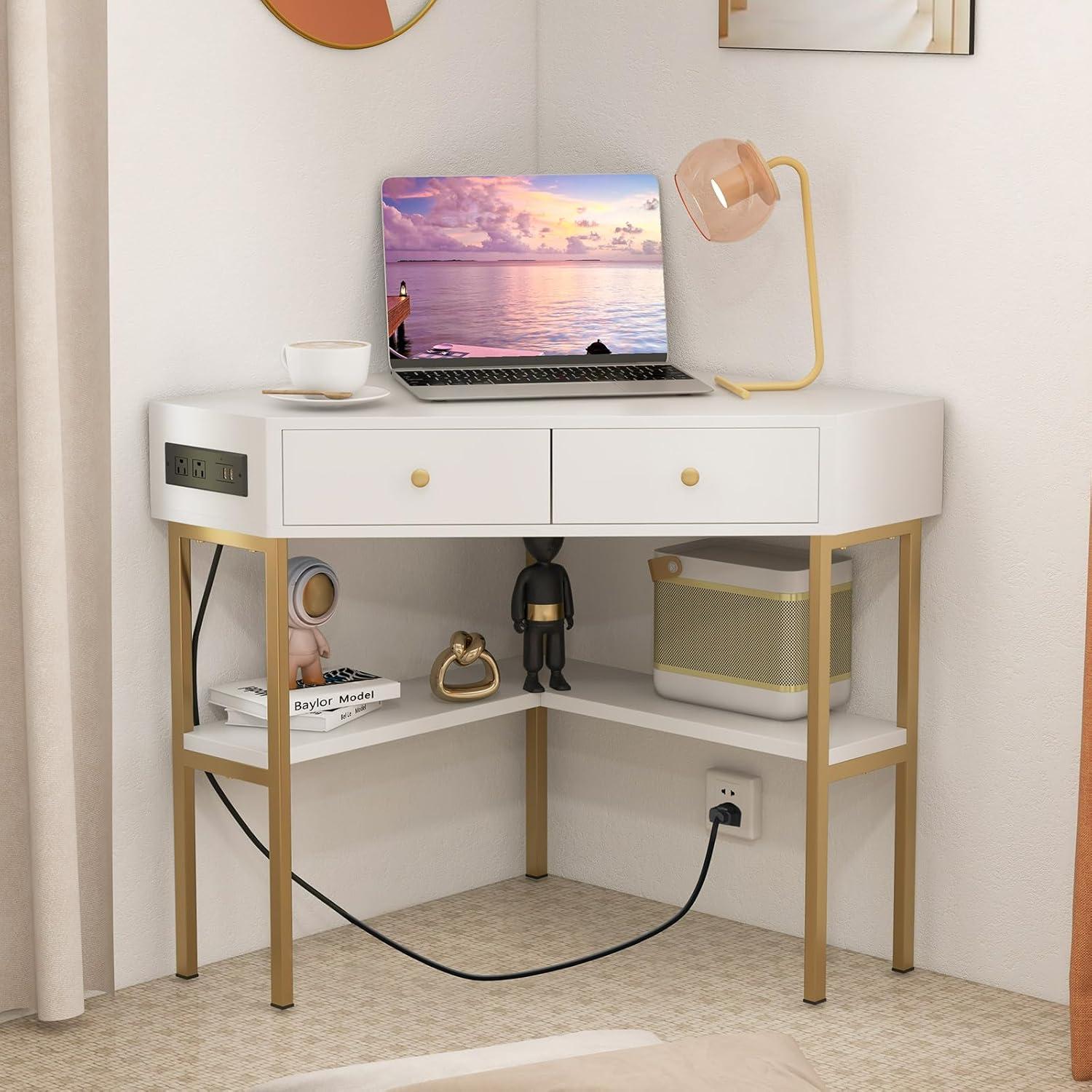 Costway Corner Desk with Built-in Charging Station Storage Drawers & Open Shelves Office White
