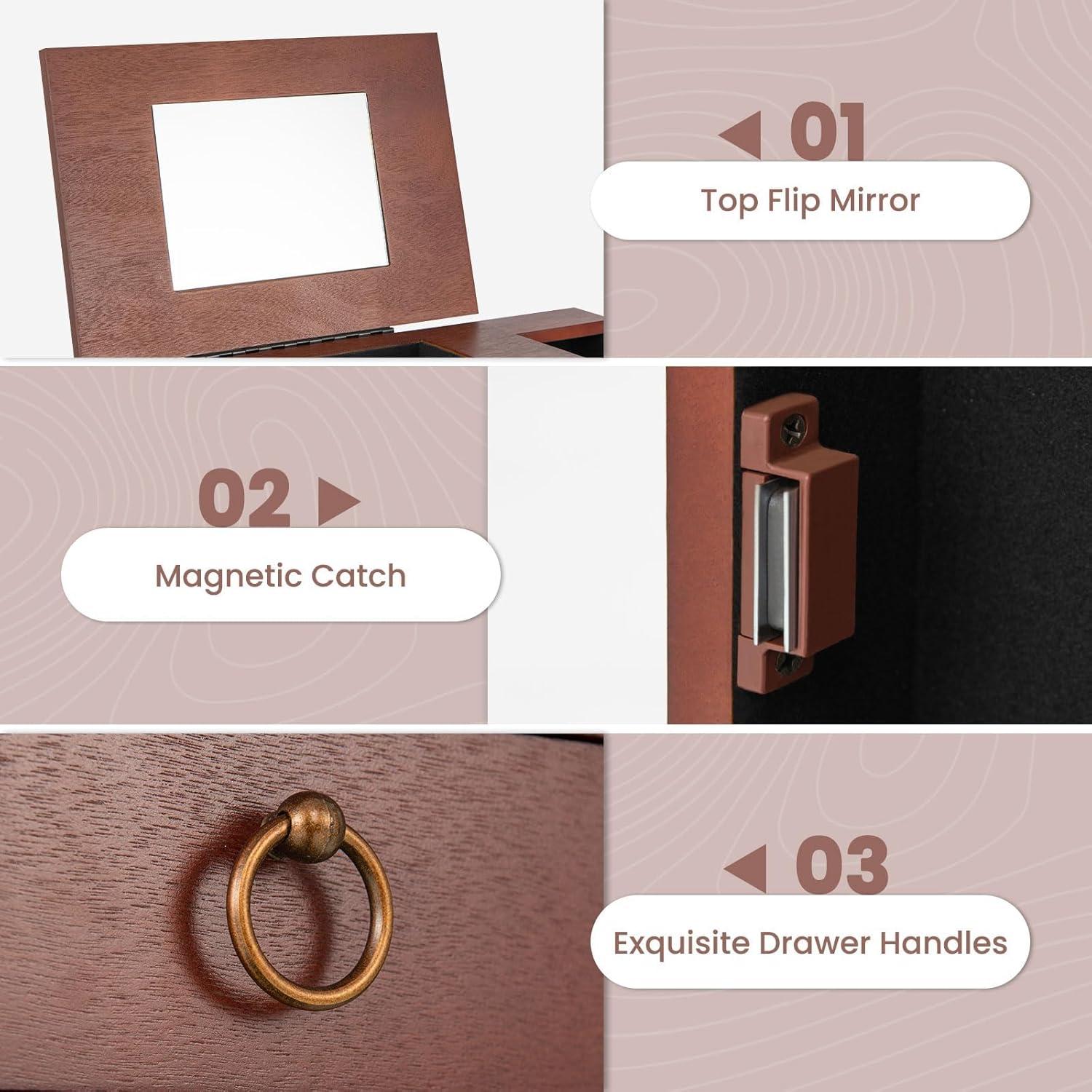 NAFORT Jewelry Armoire with Top Flip Vanity Mirror, Jewelry Cabinet with 9 Drawers and 2 Side Doors for Necklace, Large Storage Capacity Jewelry Organizer and Storage, Walnut