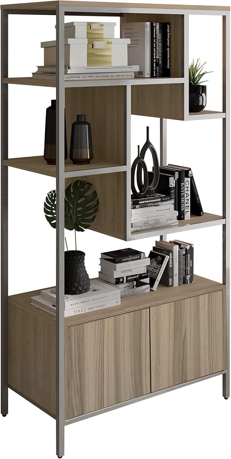 Oak and Silver Adjustable Bookcase with Doors