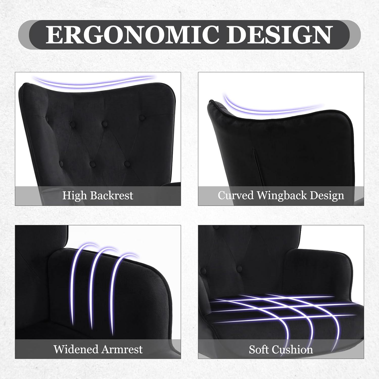 Falvinoryn Velvet Accent Chairs, Wingback Reading Chair, Upholstered Arm Chair, Mid Century Leisure Chairs for Living Room, Black