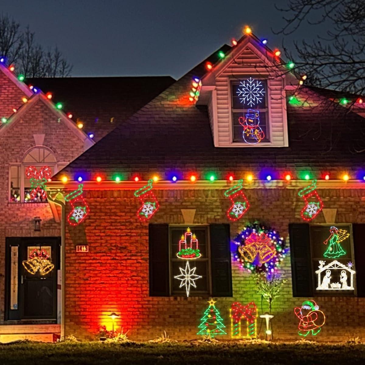 16 Inch Christmas Window Silhouette Lights Decorations, 4 Pack Waterproof Window Hanging Lights Elk, Christmas Tree, Santa Claus, Wreaths for Party, Home Indoor Outdoor Wall - 200 Mini Bulbs