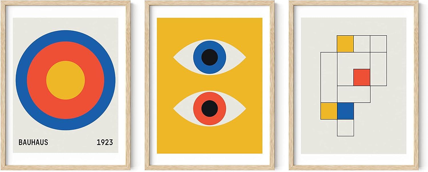 Haus and Hues Yellow and Blue Art - Set of 3 Bauhaus Geometric Pictures for Wall, Modern Art, Abstract Art, Colorful Art, Yellow and Blue Artwork, Neutral Wall Art, Colorful Wall Art (Unframed, 12x16)