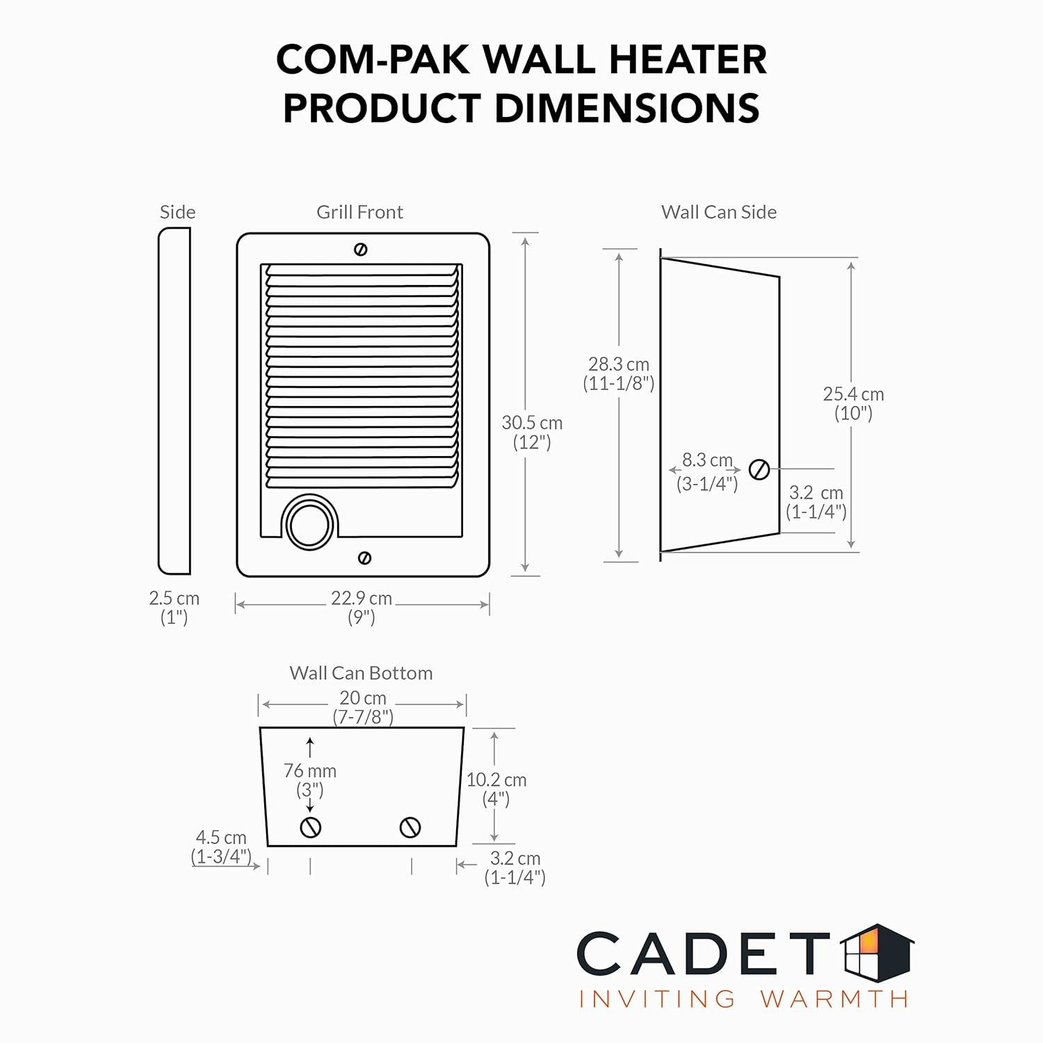 Cadet Com-Pak Plus Series Electric Wall Mounted Space Heater with Adjustable Thermostat