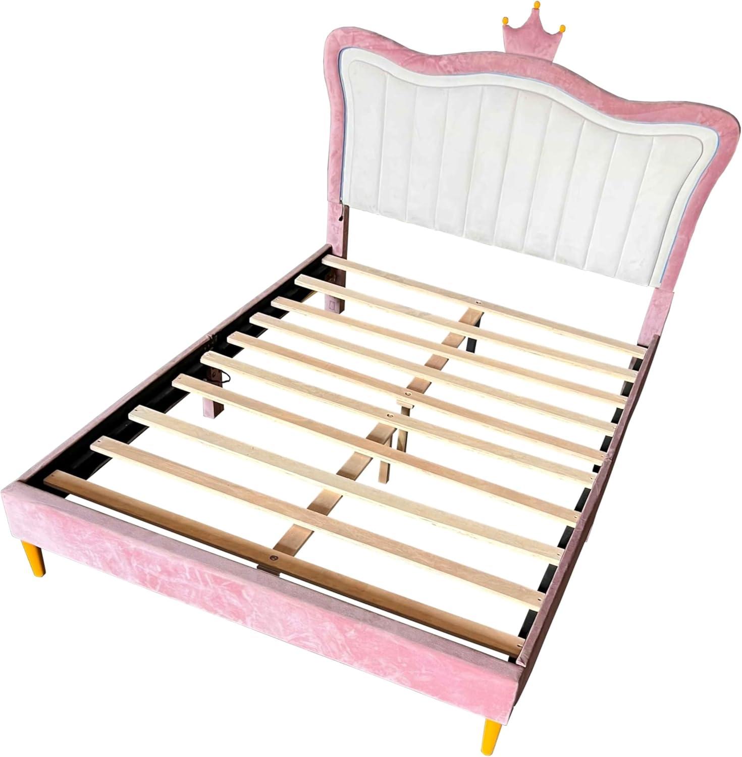 DreamBuck Full Size Upholstered Bed Frame with LED Lights, Upholstered Princess Bed with Crown Headboard and Wooden Slats Support, Modern Platform Bed for Kids, Teens, Girls, No Box Spring Needed