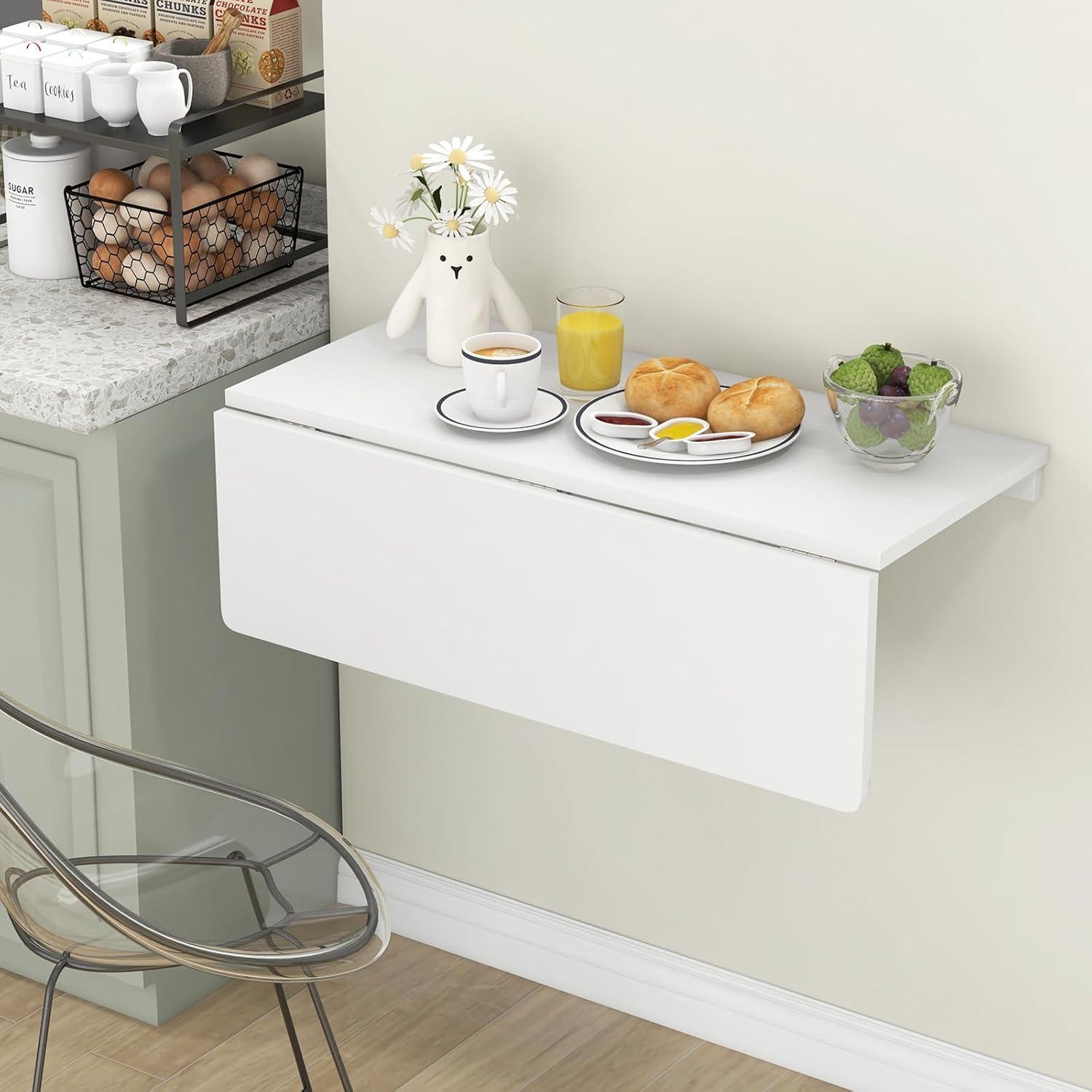 Gymax Wall-Mounted Drop-Leaf Table Folding Kitchen Dining Table Desk Space Saver White