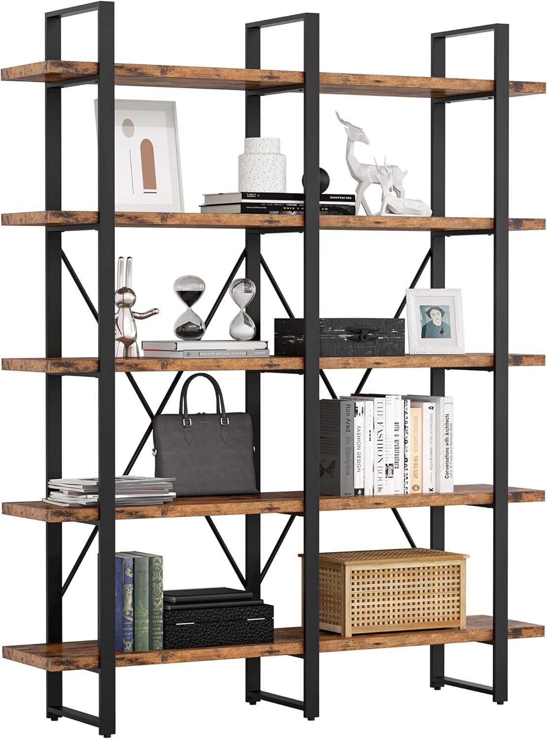 IRONCK Industrial Bookshelf and Bookcase Double Wide 5 Tier, Large Open Shelves, Wood and Metal Bookshelves for Home Office Furniture, Easy Assembly