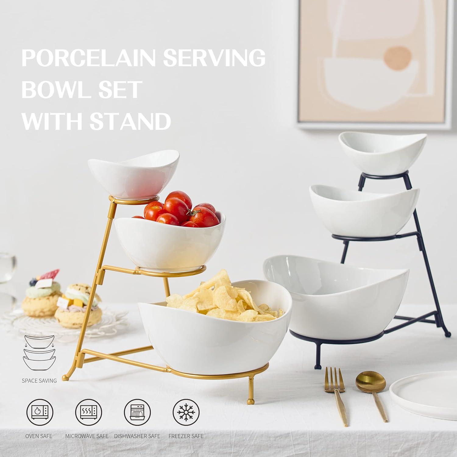 Gold 3-Tier Oval Ceramic Serving Bowl Set with Stand