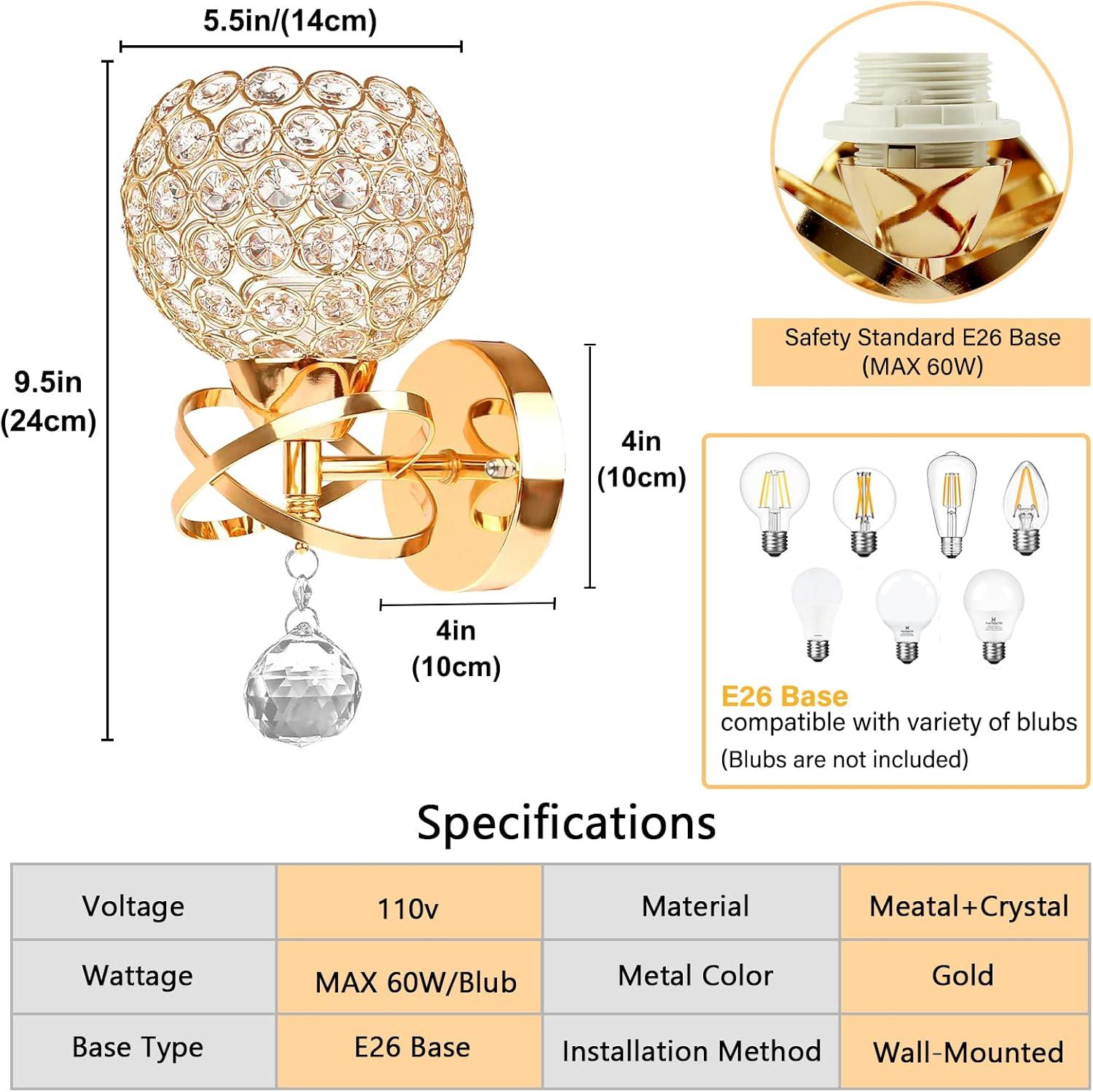 Gold Wall Sconces Set of Two, Modern Crystal Wall Light with E26 Socket Hardwired Sconces Wall Lighting Bedside Wall Lamp Crystal Decor Wall Mount Light Fixture for Living room, Bedroom, Hallway