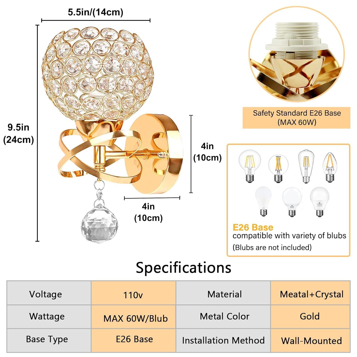 Gold Wall Sconces Set of Two, Modern Crystal Wall Light with E26 Socket Hardwired Sconces Wall Lighting Bedside Wall Lamp Crystal Decor Wall Mount Light Fixture for Living room, Bedroom, Hallway