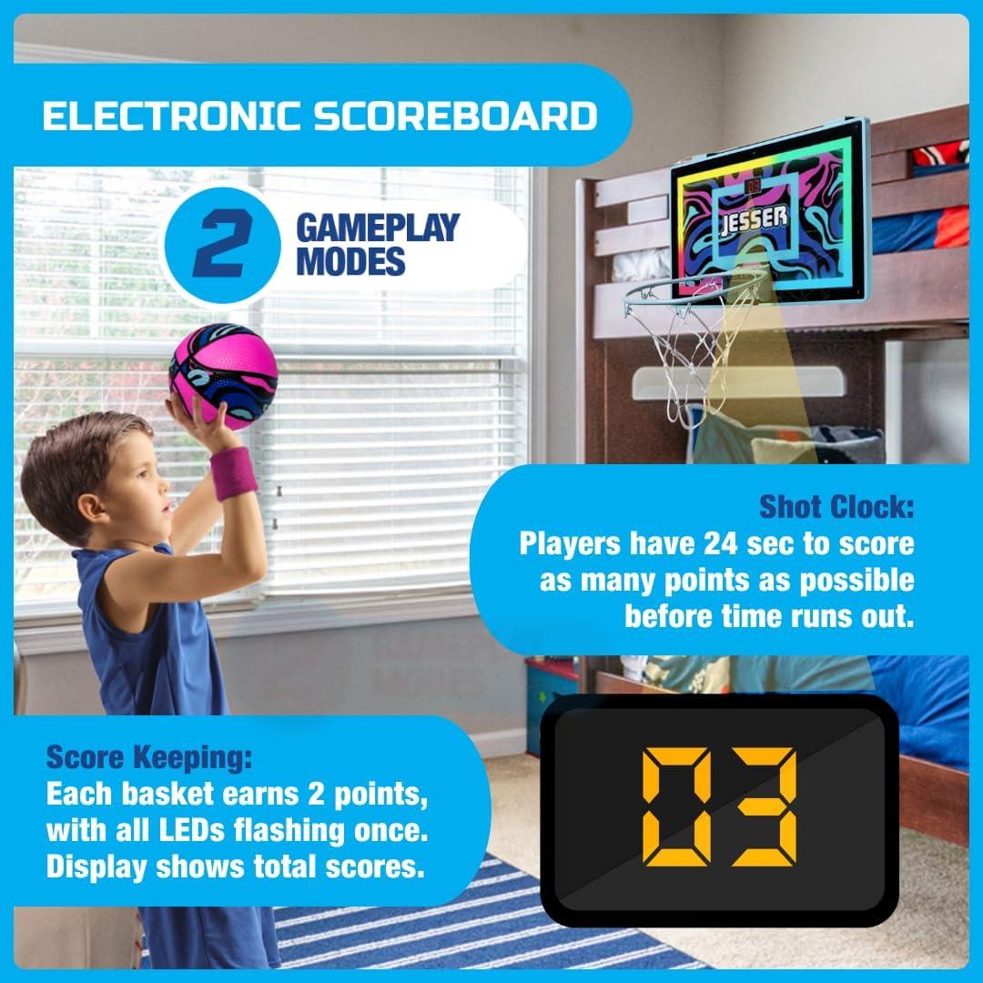 BucketSquad Jesser Hoop, Electronic over the Door Mini Digital Basketball Hoop Set with LED Lights