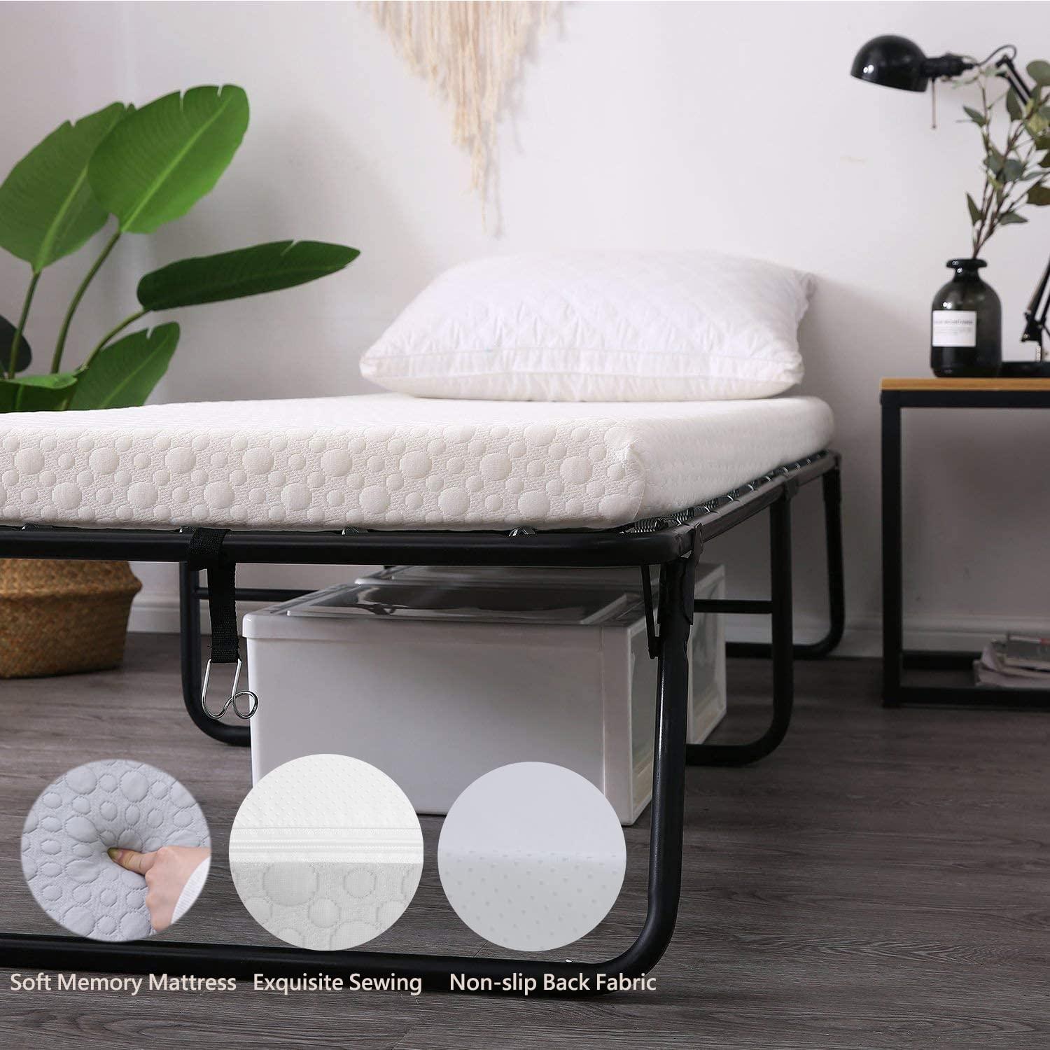 LEISUIT Foldaway Guest Bed Cot - Portable Folding Bed Frame with Thick Memory Foam Mattress for Spare Bedroom & Office
