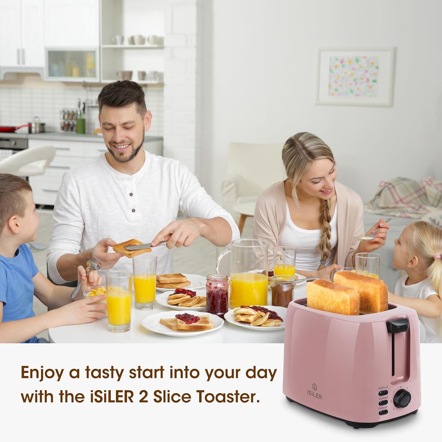 iSiLER 2 Slice Toaster, 1.3 Inches Wide Slot Bagel Toaster with 7 Shade Settings and Double Side Baking, Removable Crumb Tray, Defrost Cancel Function Pink