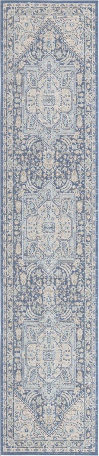 French Blue Medallion Runner Rug with Easy Care Synthetic Weave