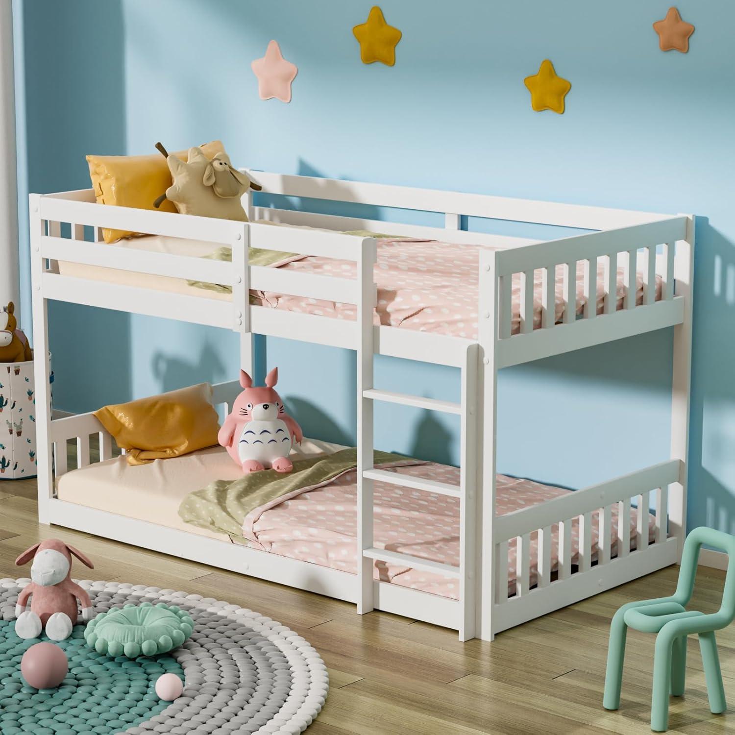 White Twin Over Twin Pine Wood Bunk Bed with Drawer