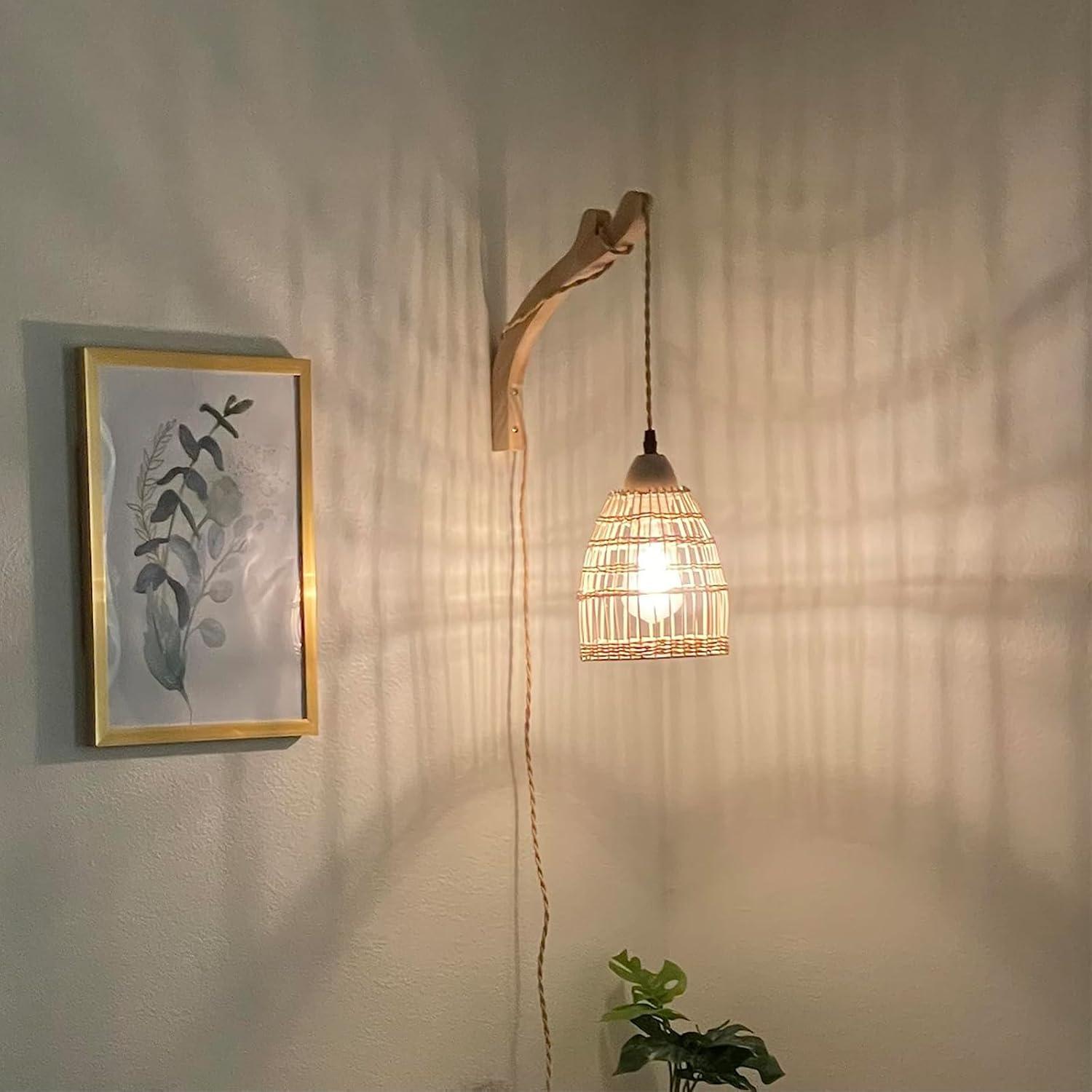 Bay Isle Home™ Cateno Bamboo Wall Sconces Set Of Two Plug In, Boho Wall Lamp With Plug In Cord, Farmhouse Wall Light Fixtures With 9.84FT On/Off Switch Cord, Rattan Sconces Wall Lighting For Bedroom Living Room (Set of 2)