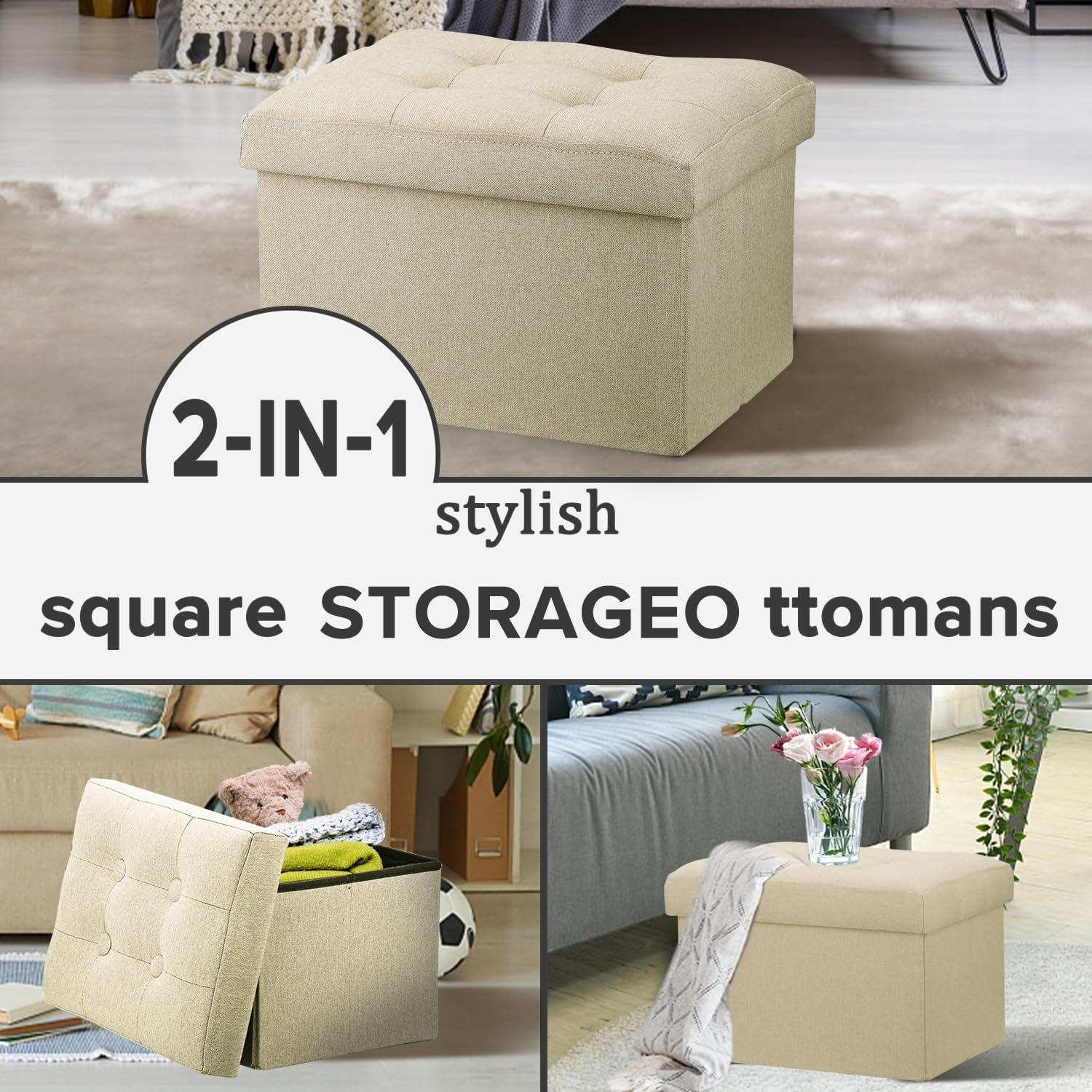 LINMAGCO Small Storage Ottoman Stool - Folding Foot Rest Under Desk Stool - 16X12X12IN Linen Cloth Beigh