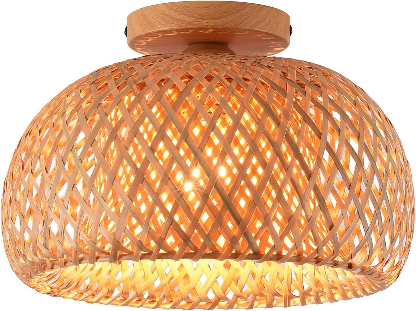 Bay Isle Home™ Bamboo Ceiling Light Fixtures, Hand-Woven Boho Flush Mount Ceiling Light, Handmade Ceiling Mount With Natural Bamboo Shade, Farmhouse Light Fixture