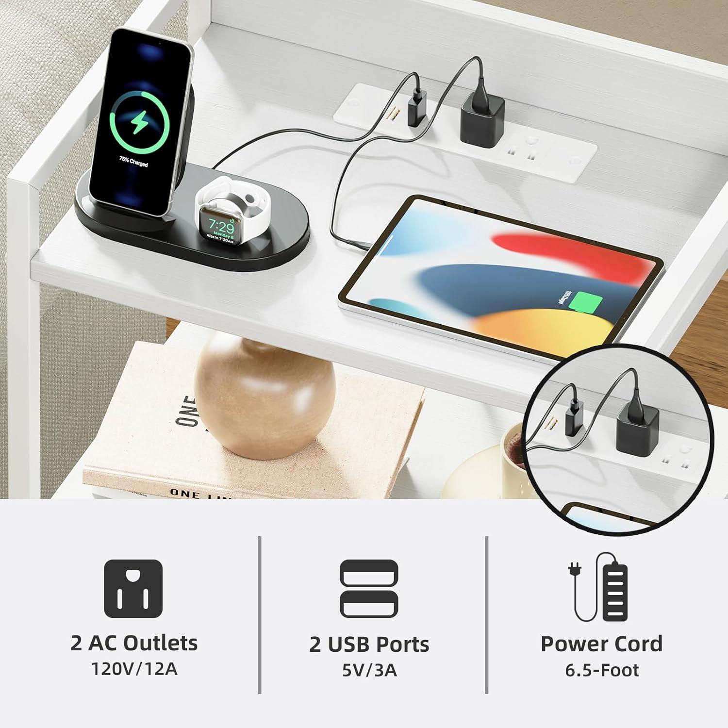 Eunos White Tall Nightstand with Charging Station, 5 Fabric Drawer Dresser for Bedroom with LED and Handle