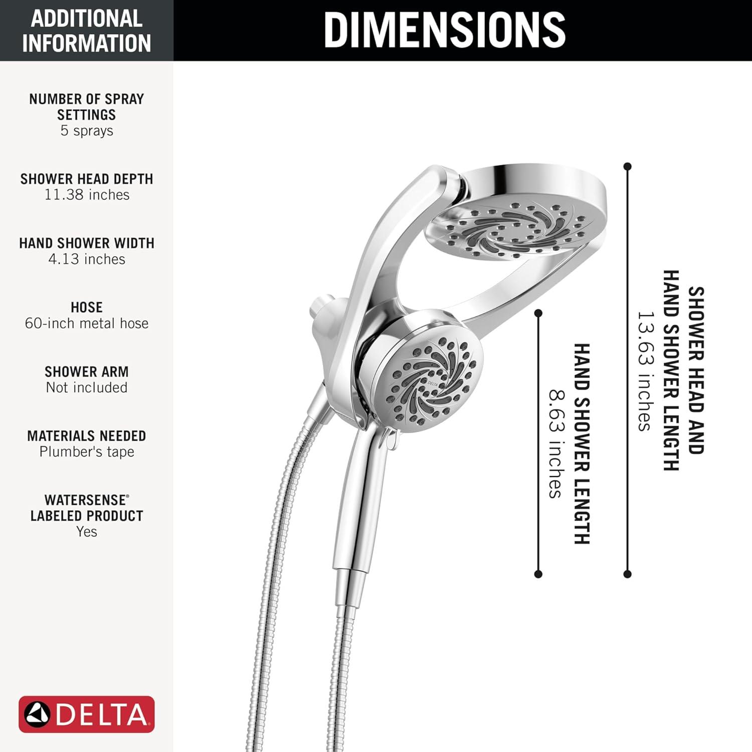 Delta 75419 5-Setting HydroRain 2-in-1 Dual Shower Head with ProClean Spray