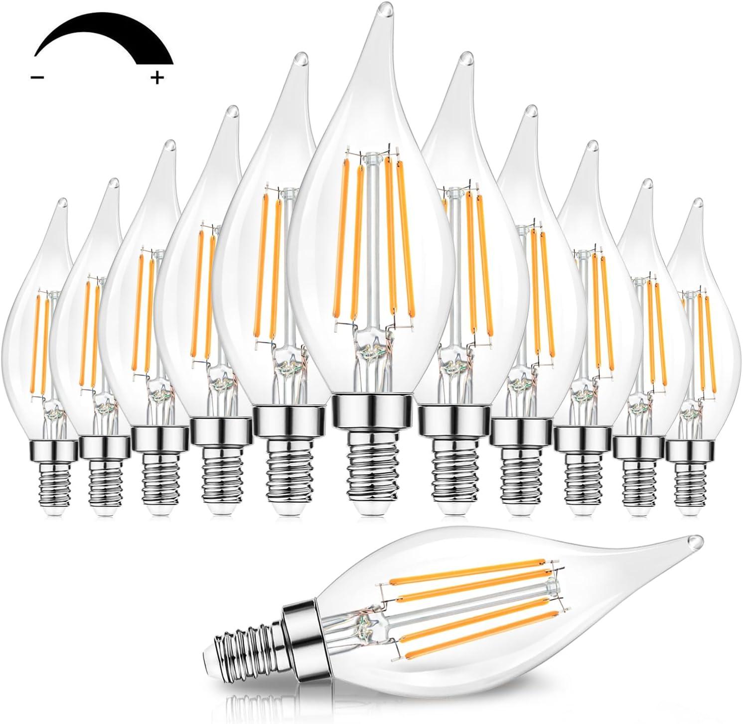 Dimmable E12 Candelabra LED Bulbs 60 Watt Equivalent, 2700K Warm White, Clear Filament LED Chandelier Light Bulbs 6W, 600lm, CA11 Vintage Ceiling Fan Light Bulb with Flame Tip, 12-Pack