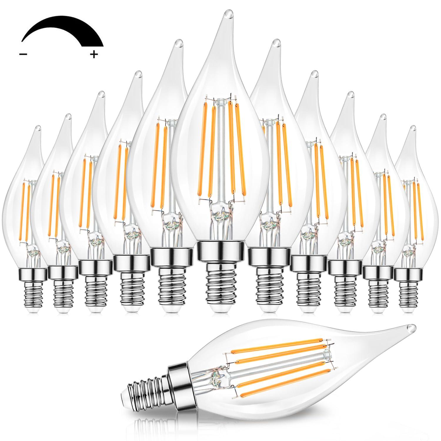 Dimmable E12 Candelabra LED Bulbs 60 Watt Equivalent, 2700K Warm White, Clear Filament LED Chandelier Light Bulbs 6W, 600lm, CA11 Vintage Ceiling Fan Light Bulb with Flame Tip, 12-Pack