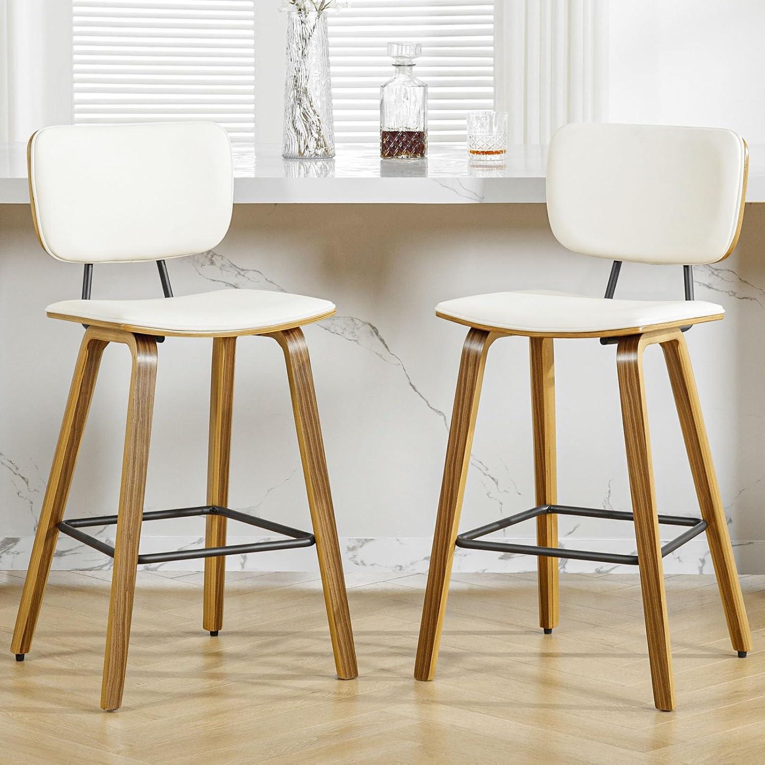 Cream PU Leather Upholstered Counter Stools with Walnut Wood Legs